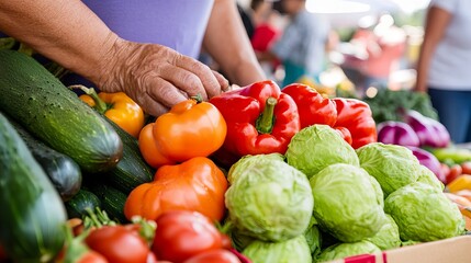 Close-up of a woman's hand selecting produce at a farmer's market.
