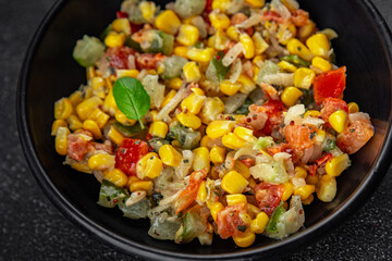 corn salad tasty food dish second course Fresh delicious gourmet food background on the table rustic food top view copy space top view keto and paleo diet Vegetarian and vegan food