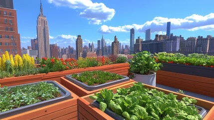 Fototapeta premium Vibrant vegetables and blooming flowers thrive in raised rooftop beds with a stunning view of the new york city skyline