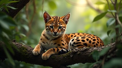 Majestic ocelot on jungle branch golden fur with black spots