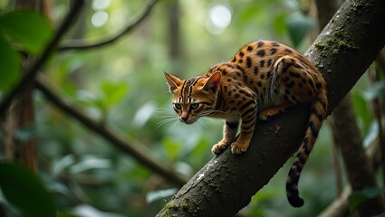 Obraz premium Stealthy margay cat navigating tropical rainforest trees