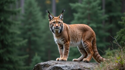 Obraz premium Majestic lynx perched on rocky ledge eyes focused on dense forest below