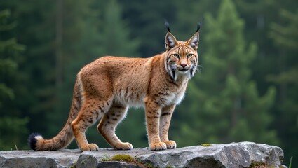 Obraz premium Majestic lynx perched on rocky ledge eyes focused on dense forest below