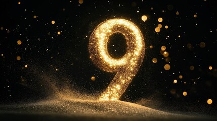 Golden number nine on black background
