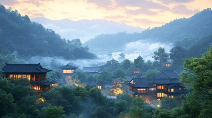Naklejka premium Serene Mountain Village at Dusk