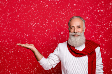 Portrait of his he nice attractive handsome well-groomed fashionable cheerful cheery gray-haired man holding copy space on palm isolated over bright vivid shine red background