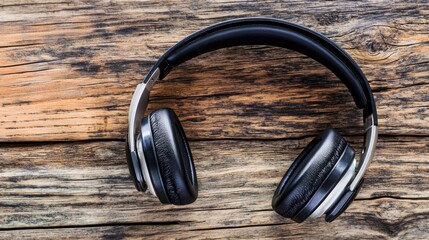 Modern Black Headphones on Rustic Wooden Surface