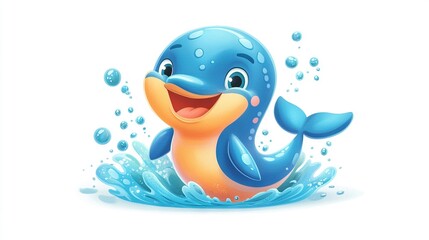 Fototapeta premium A blue dolphin smiling, surrounded by bubbles in the water