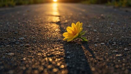 Yellow flower resiliently growing on asphalt at sunset.