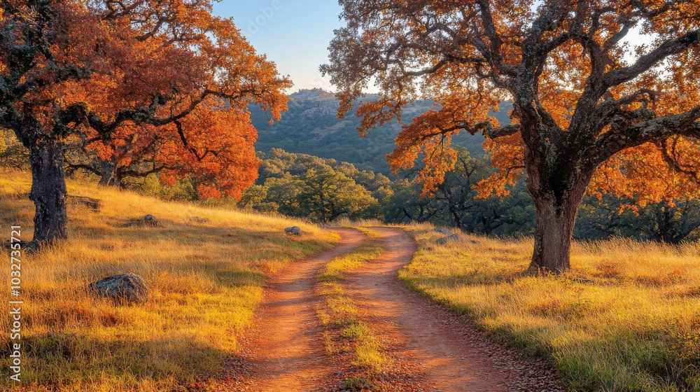 Fototapete A scenic view of a winding dirt path meandering through a forest filled with trees displaying vivid autumn colors, illuminated by the warm glow of sunset.