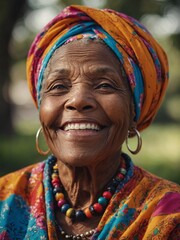 Elderly black woman with bright, colorful headscarf and large hoop earrings smiling warmly