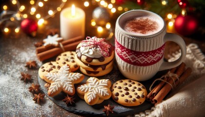 Festive table with various holiday cookies and cup of hot cocoa sprinkled with cinnamon. Christmas and New Year, winter holidays