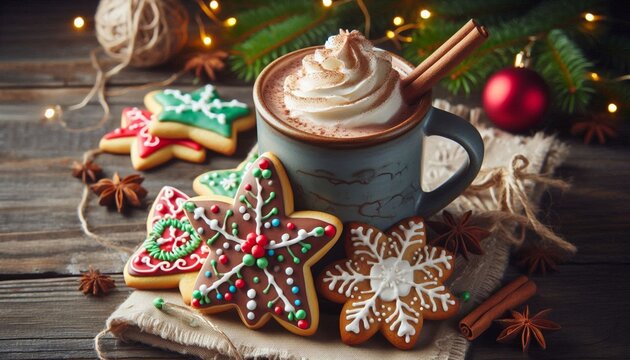Holiday cookies decorated with festive icing, next to mug of hot cocoa topped with whipped cream. Christmas and New Year, winter holidays