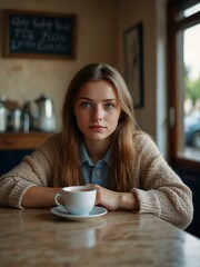 Young woman with blue eyes in a cozy café, bathed in natural light.