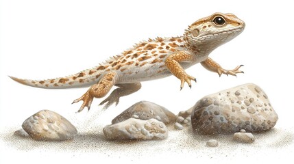 Fototapeta premium A lizard with a brown and white color scheme rests on a rock, surrounded by a pile of additional rocks against a white backdrop