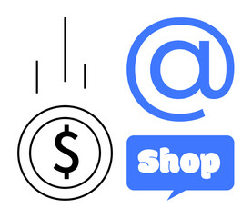 Dollar sign, upward arrows, email symbol and chat bubble with the word Shop. Ideal for online shopping, e-commerce, digital marketing, business transactions and web stores. Clean modern style