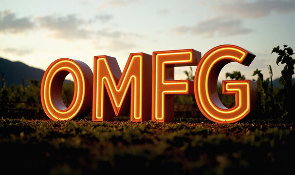 OMFG concept bright light letters in neon orange, Oh MY God, in the outdoors, precise and striking, skyline