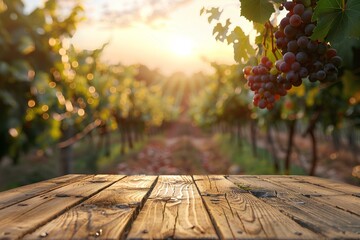 A wooden table with a bunch of grapes on it