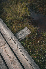 Fototapeta premium Part of a wooden path for walking through a swamp 