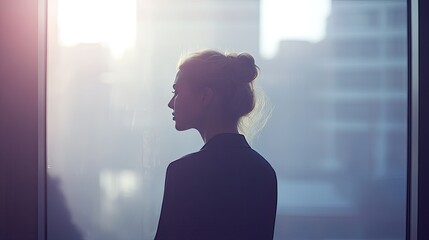 Fototapeta premium Silhouette of a Woman by Window at Sunset