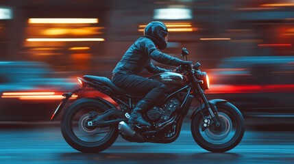 Motorcyclist Riding Through City at Night