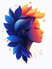 A woman’s profile is elegantly illustrated with multicolored leaves, symbolizing a connection to nature and transition