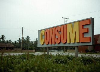 the word Consume in plastic letters outside a store, subtle background early afternoon, overcast lighting in dystopian future