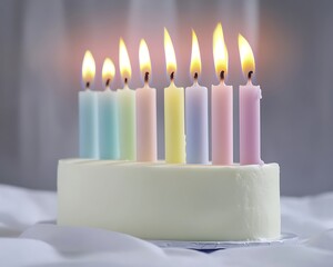pastel-colored birthday candles on a simple white cake flames flickering softly isolated background
