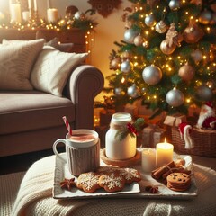 Cozy living room with Christmas tree, holiday cookies, and mug of hot cocoa. Christmas and New Year, winter holidays