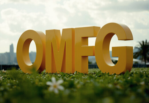 photo style illustration for OMFG letters, yellow lettering for Oh My God, blurry background with sky