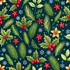 Seamless Christmas foliage pattern with holly leaves, red berries, and pine branches on a dark green background. Perfect for holiday decor, textiles, and festive wrapping paper.