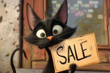 A black cat holds up a sign that says SALE in cartoon style. AI Generated