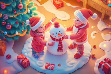 Illustration of children building a snowman next to a decorated Christmas tree