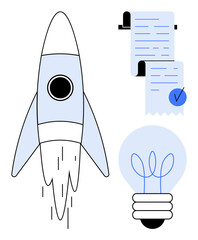Rocket launching upward alongside a light bulb and a document. Ideal for illustrating themes of creativity, innovation, entrepreneurship, startups, and new ideas. Simple modern vector style