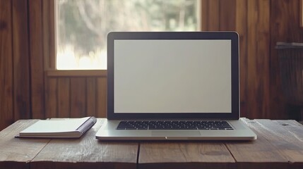 Fototapeta premium Modern Laptop on Rustic Table in Cozy Room