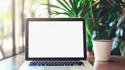 Fototapeta premium Modern Laptop on Desk with Indoor Plants Background