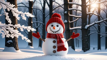cute snowman stands snow near trees wearing red scarf hat mittens christmas holiday season