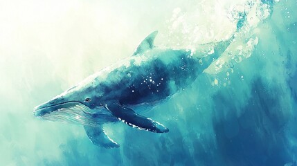 Naklejka premium A humpback whale swims beneath the surface of water, spewing bubbles from its mouth