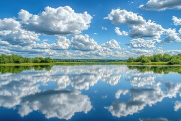 A serene lake reflecting a fluffy cloud-filled sky.
