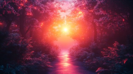 Naklejka premium Magical Sunset Pathway in Enchanted Forest