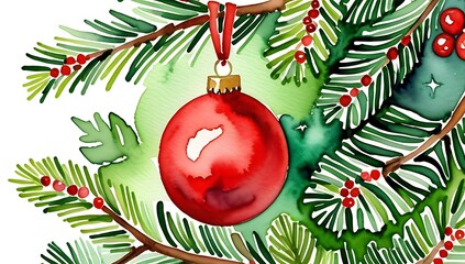 red ornament sits green christmas tree branch