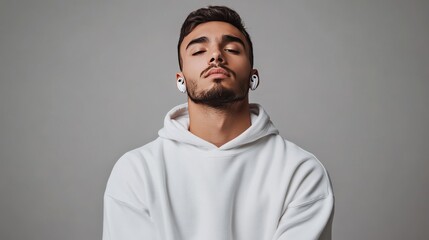 Obraz premium Handsome man wearing white sweatshirt with wireless earbuds against gray background 