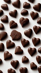 A close-up of heart shape chocolate design on the surface in a white background. 