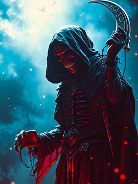 Oil Painting of Grim Reaper Skeleton in Dark Hooded Cloak Soul Devourer Demon Halloween Horror Underworld Scene Masterpiece