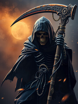 Oil Painting of Grim Reaper Skeleton in Dark Hooded Cloak Soul Devourer Demon Halloween Horror Underworld Scene Masterpiece