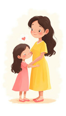 A vector illustration of an adorable little girl with big, sparkling eyes and a joyful smile. She has colorful hair accessories and is wearing a cute dress, playing in a vibrant garden filled with flo