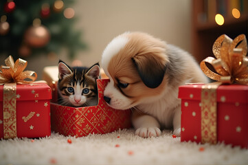 Obraz na płótnie Canvas Adorable kitten surprise in festive gift box with inquisitive puppy friend