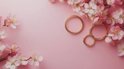 Cherry Blossoms and Gold Rings on Pink Background