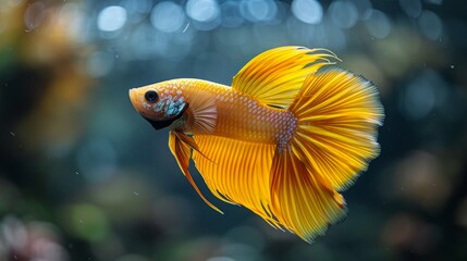 Yellow betta fish swimming in aquarium.