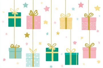 Colorful gift boxes with ribbons and stars on pastel background illustrating festive holiday presents cheerful celebration and joyful spirit of giving during the Christmas season